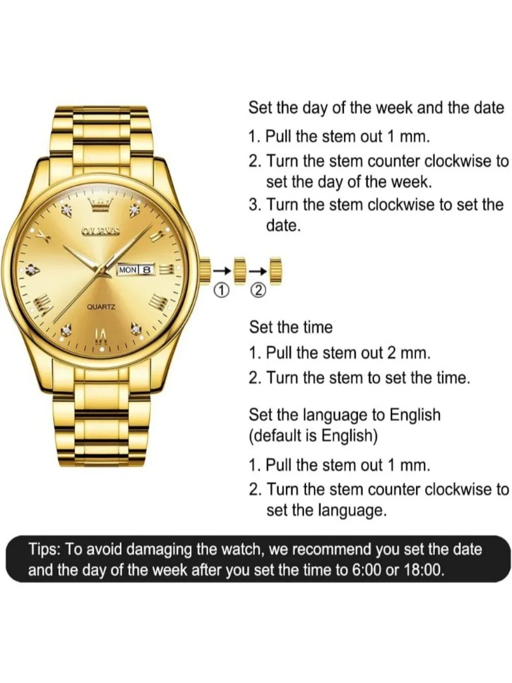 Men's Gold Stainless Steel Casual Analog Quartz Classic Waterproof Diamond Watch